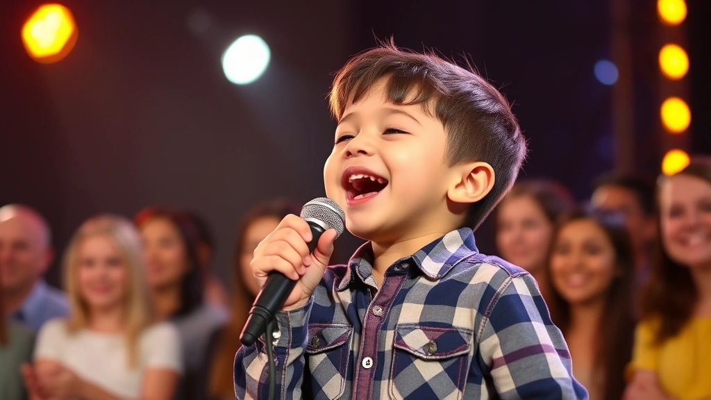 Young child singing passionately with joy and confidence, microphone in hand, stage lights creating warm ambiance, audience smiling in background, professional concert or performance setting