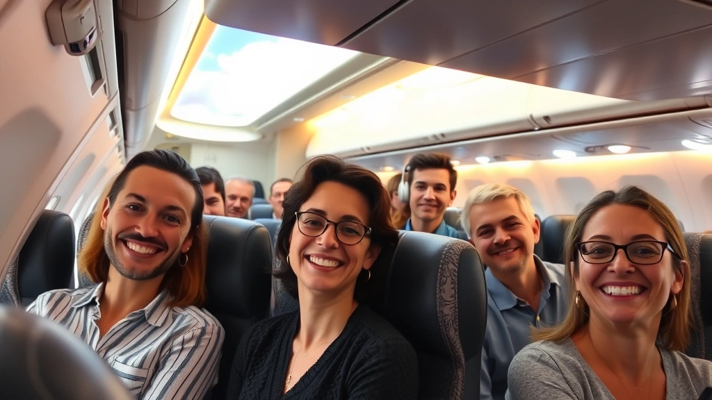 Commercial aircraft cabin interior with passengers looking happy and engaged, warm cabin lighting, modern airplane seating, window showing clouds and sky, diverse group of travelers