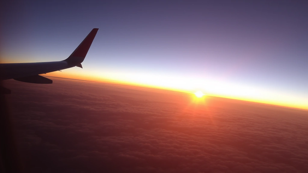 Sunset view from airplane window at high altitude, golden hour light, clouds below, wing visible, peaceful serene atmosphere, travel inspiration