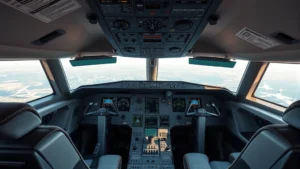 Modern commercial aircraft cockpit interior with pilot controls, overhead panels, and instruments during daytime flight operations, photorealistic professional photography