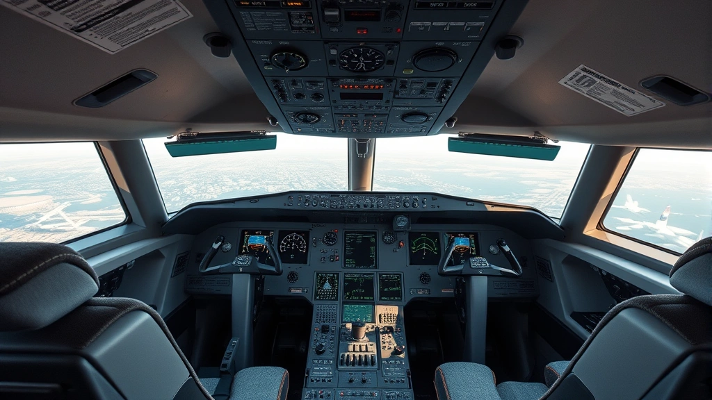 Modern commercial aircraft cockpit interior with pilot controls, overhead panels, and instruments during daytime flight operations, photorealistic professional photography