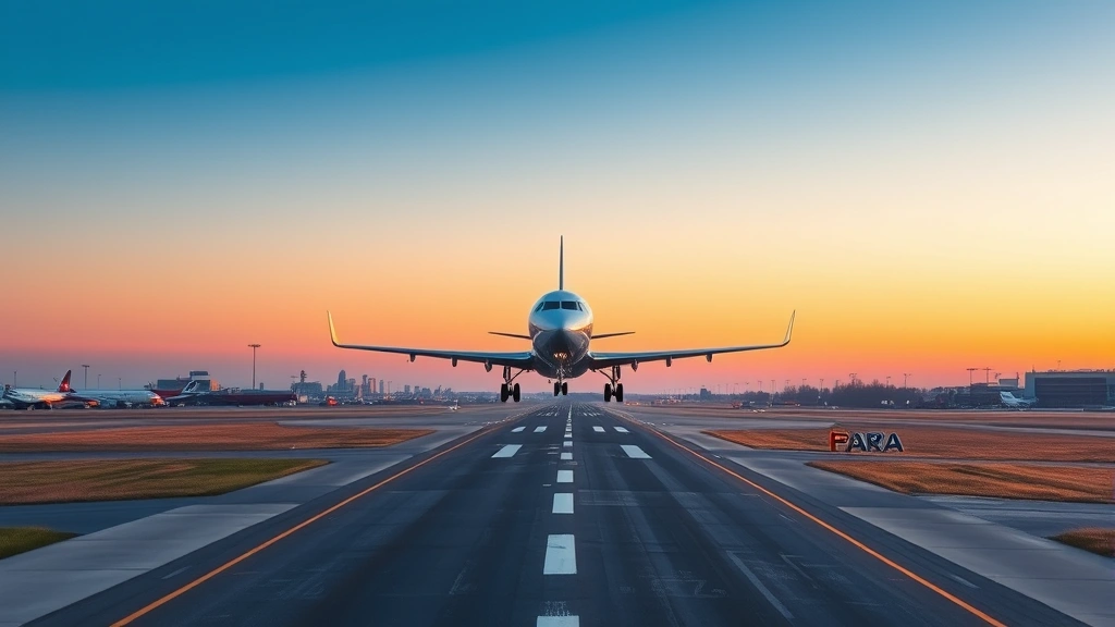Minneapolis-St. Paul International Airport runway with commercial aircraft landing during golden hour, clear sky, professional aviation photography