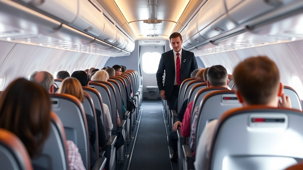 Commercial airline cabin interior with passengers seated, flight attendant walking aisle, natural window light, modern aircraft seating configuration