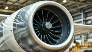 Commercial aircraft engine with detailed turbine components visible, close-up technical view showing precision engineering, bright industrial lighting, no text or labels