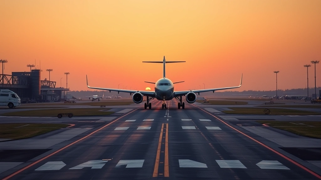 Modern airport runway at sunset with commercial jet aircraft landing, safety vehicles and ground infrastructure visible, clear sky conditions, dynamic travel scene