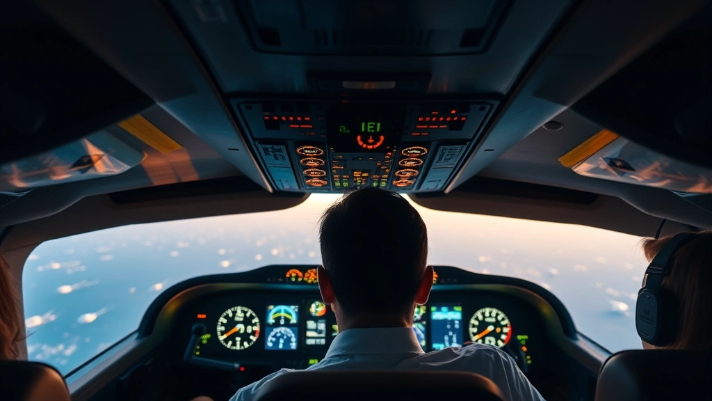 Airplane cockpit interior during flight with illuminated instrument panels and control displays, pilot silhouette visible, multiple gauges and monitoring systems, professional aviation environment