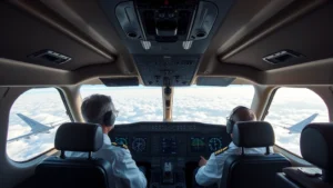 Commercial aircraft cockpit during flight with pilots at controls, dramatic sky visible through windshield, professional aviation environment