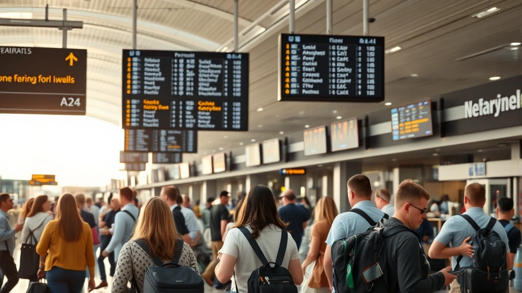 Busy airport terminal with diverse passengers checking luggage, departure boards overhead, modern airport interior with natural lighting