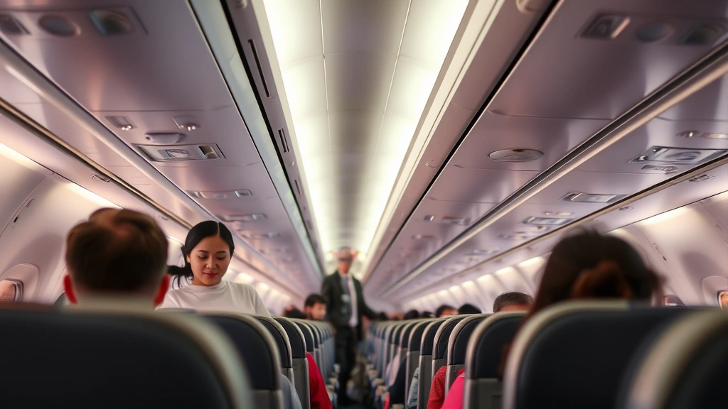 Airplane interior cabin with flight attendants assisting passengers, rows of seats, overhead compartments, warm cabin lighting during flight