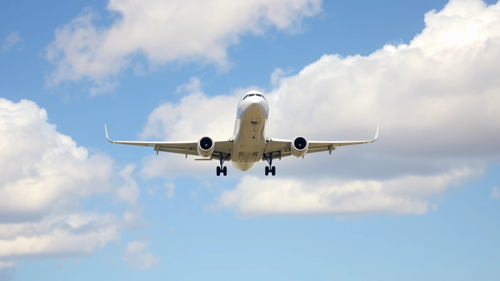 Commercial jet aircraft in flight against blue sky with white clouds, approaching for landing at airport