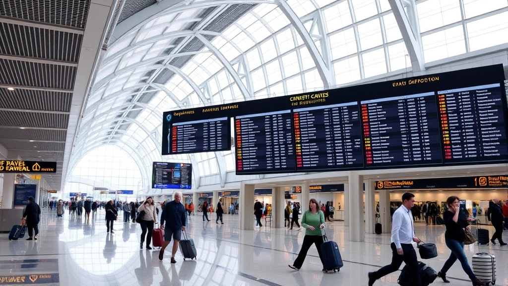 Modern airport terminal interior with departure boards and passengers walking with luggage in busy concourse