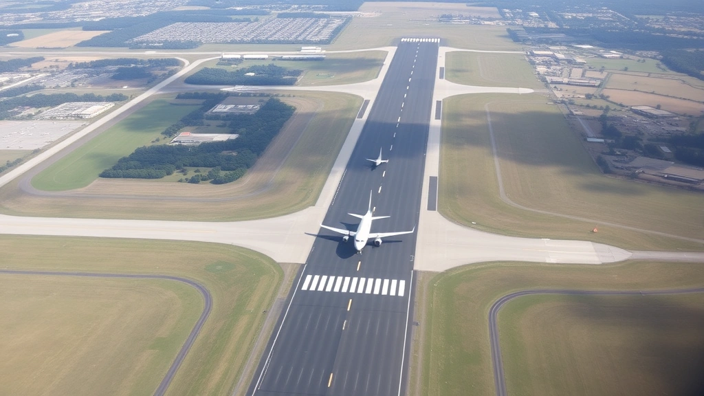 Aerial view of Montgomery Regional Airport runway and taxiway with commercial aircraft, surrounding landscape visible