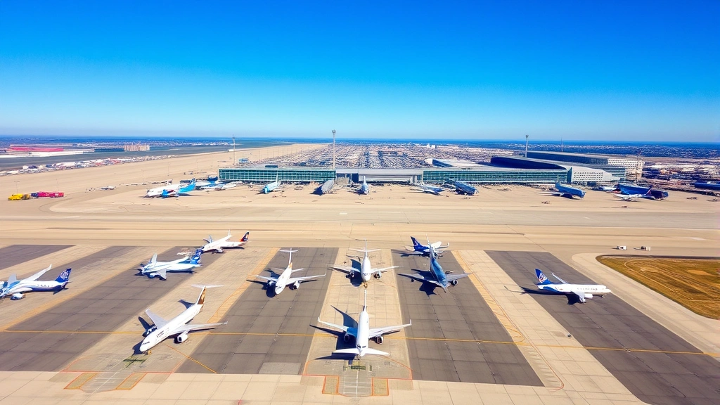 Aerial view of Detroit Metropolitan Airport with multiple aircraft parked at gates, showing the expansive tarmac and terminal buildings on a clear day with blue sky