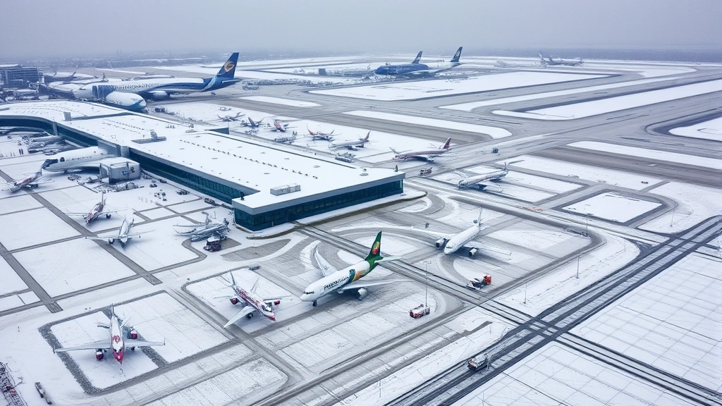Aerial view of Detroit Metropolitan Airport covered in fresh snow during winter, with multiple aircraft parked at gates, de-icing equipment visible on tarmac, snow removal trucks actively clearing runways, gray winter sky, professional aviation photography