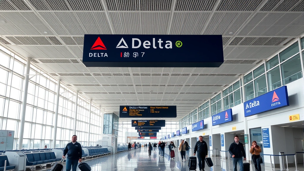 Modern airport terminal interior with Delta signage, boarding gates, and passengers walking with luggage, natural daylight from windows, professional travel environment