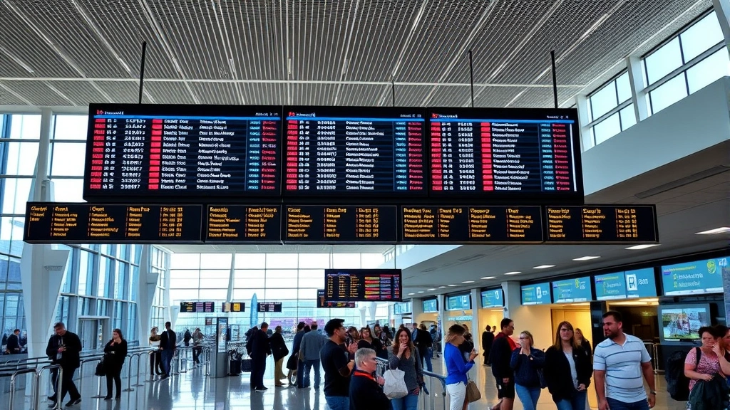 Inside a modern airport terminal showing departure boards displaying flight information, with passengers checking their flights and gathering at gate areas