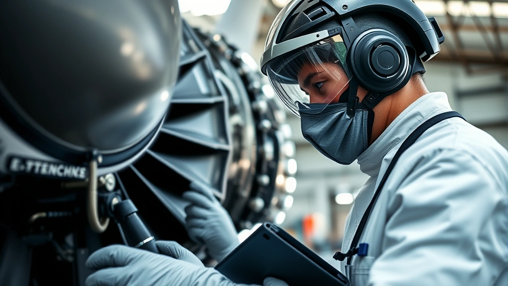 Close-up of aircraft maintenance technician in protective gear inspecting aircraft engine components in hangar, specialized tools and diagnostic equipment visible, professional workshop environment, natural lighting highlighting mechanical details