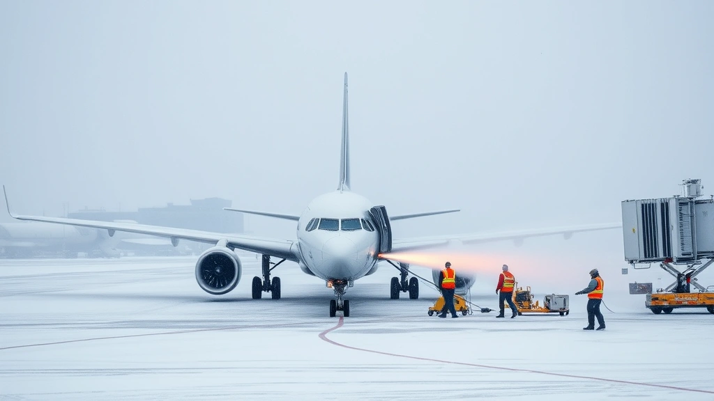 Winter weather at Detroit airport with snow-covered tarmac, aircraft de-icing operations, ground crew in safety vests working, snow falling, realistic operational scene
