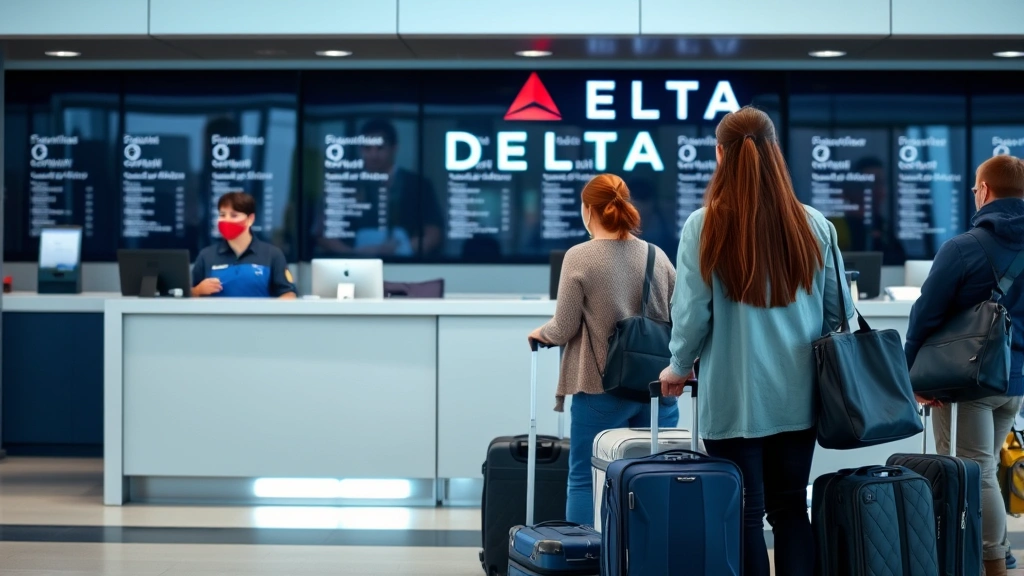 Close-up of an airport customer service counter with Delta branding visible, showing staff assisting passengers during a busy travel day with luggage and travel bags