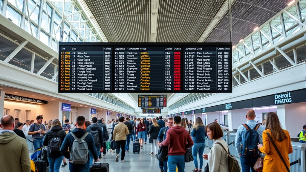 Interior of busy airport terminal at Detroit Metro showing departures board with multiple flight cancellations displayed, diverse passengers checking luggage and waiting at ticket counters, modern airport architecture, realistic travel disruption scene