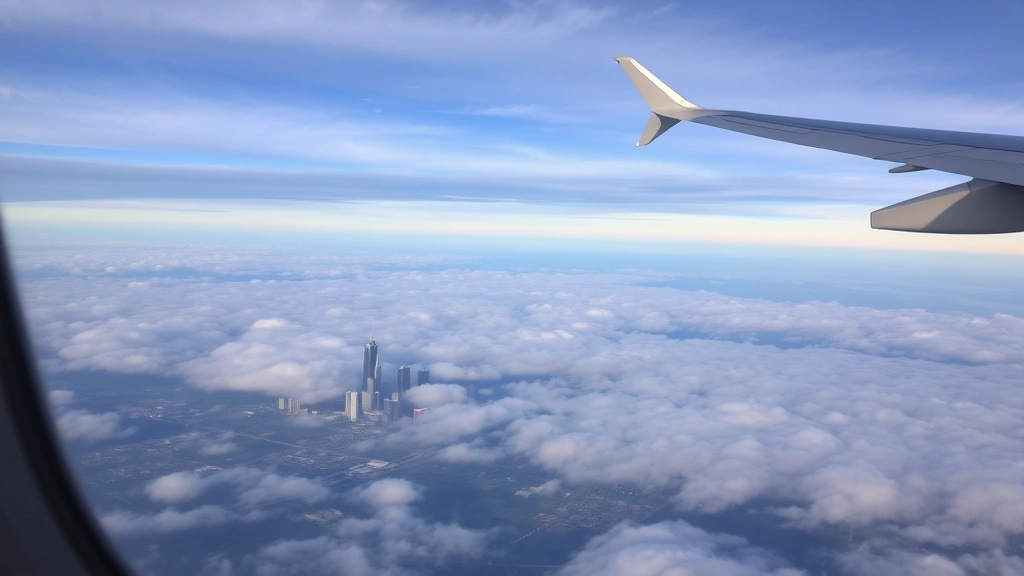 Detroit skyline and Michigan landscape visible from aircraft window during flight, clouds below, sunset or sunrise lighting, travel perspective view