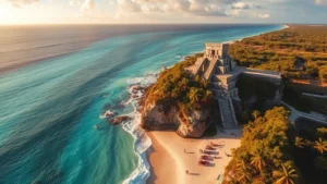 Aerial view of Tulum archaeological ruins perched on turquoise Caribbean cliffs with pristine beach below, dramatic coastal landscape, golden sunlight, photorealistic travel photography