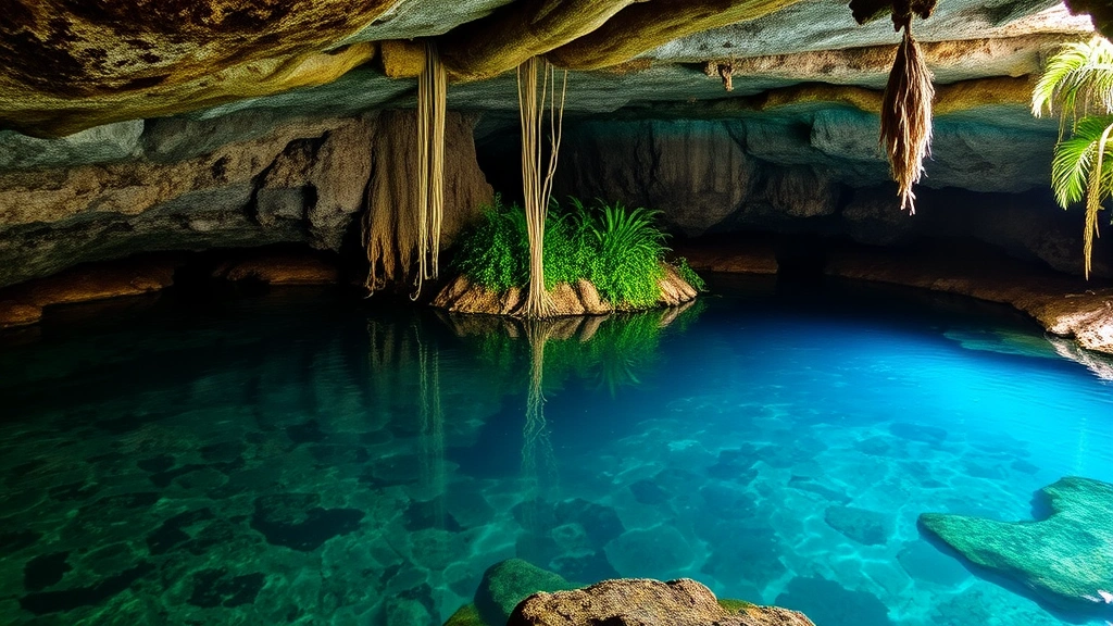 Cenote underground freshwater pool surrounded by jungle vegetation and limestone cave formations, crystal-clear blue water, natural geological wonder, adventurous travel destination imagery