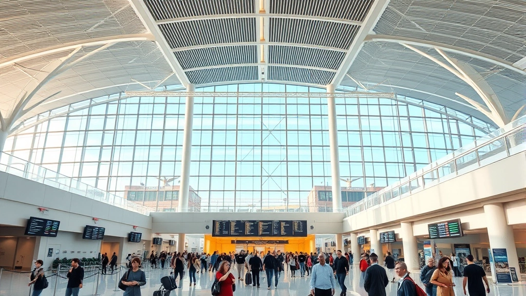 Cancun International Airport modern terminal interior with travelers and departure boards, bustling travel hub, contemporary architecture, photorealistic airport scene
