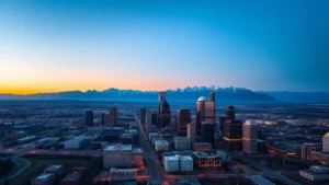 Aerial view of Denver skyline at sunrise with Rocky Mountains in background, professional photography, clear blue sky, downtown buildings glowing