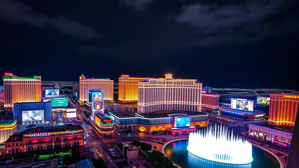 Las Vegas Strip night scene with bright neon lights, casinos, and hotels illuminated against dark sky, showing Bellagio fountains and surrounding lights
