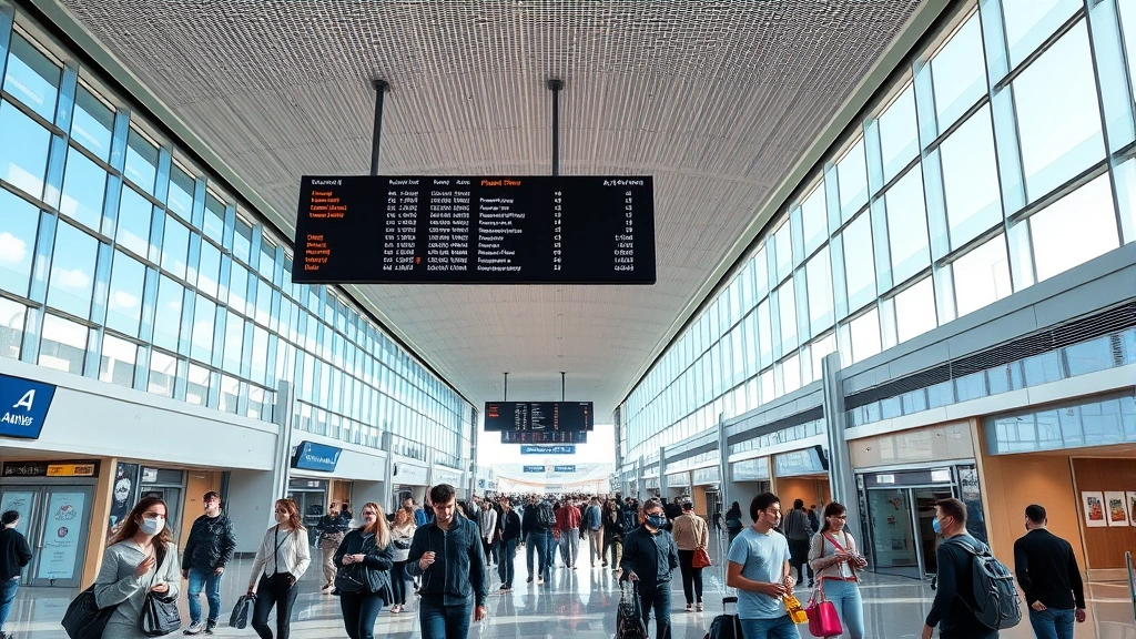 Modern airport terminal interior with travelers walking through concourse, departure boards overhead, natural lighting from large windows, contemporary architecture