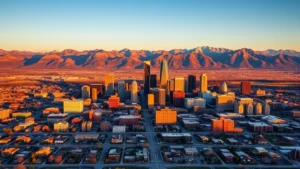 Aerial sunrise view of Denver skyline with Rocky Mountains in background, golden hour lighting, vibrant Colorado landscape with downtown buildings catching morning sun