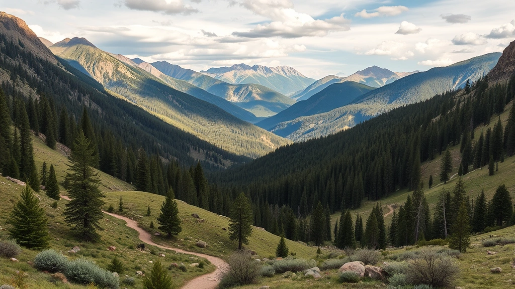 Colorado mountain valley landscape with hiking trails, pine forests, and peaks in distance, adventure travel destination scenery perfect for Denver visitor planning