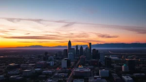 Aerial view of Denver skyline with Rocky Mountains in background during golden hour sunset, vibrant downtown lights visible