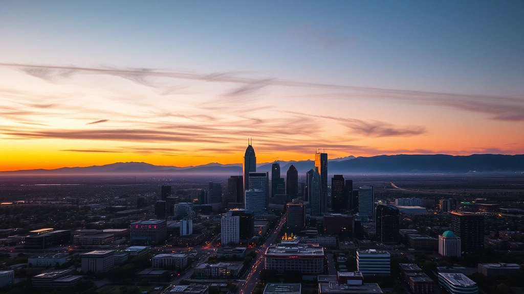 Aerial view of Denver skyline with Rocky Mountains in background during golden hour sunset, vibrant downtown lights visible
