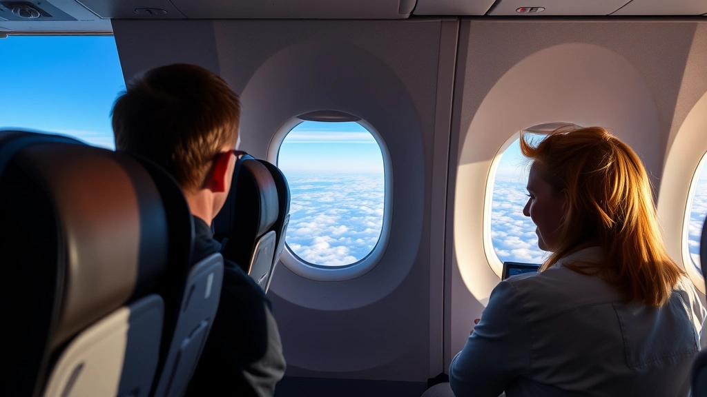 Modern commercial airplane cabin interior during flight with passengers, window showing clouds and blue sky, natural daylight