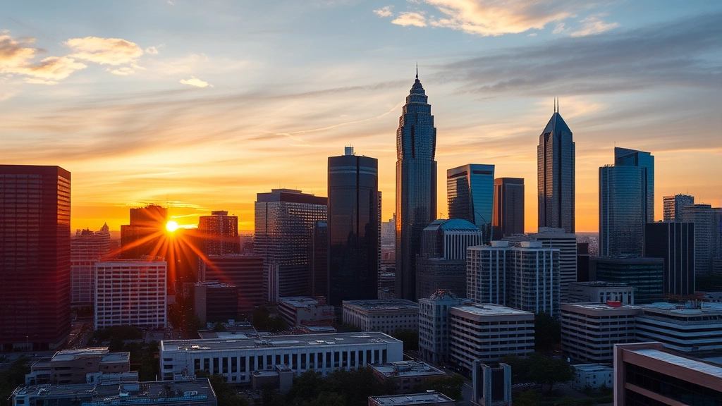 Atlanta skyline featuring downtown skyscrapers and modern architecture, sunset lighting reflecting off glass buildings, urban landscape