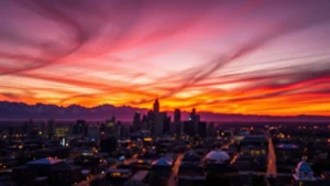 Aerial view of Denver skyline at sunset with Rocky Mountains in background, vibrant purple and orange sky, cityscape bokeh lights