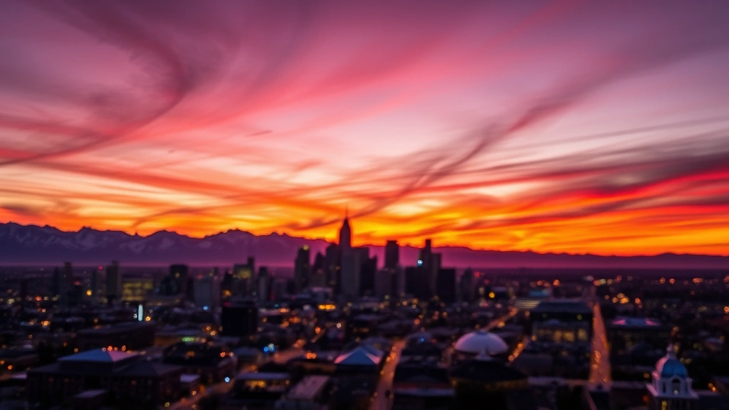 Aerial view of Denver skyline at sunset with Rocky Mountains in background, vibrant purple and orange sky, cityscape bokeh lights