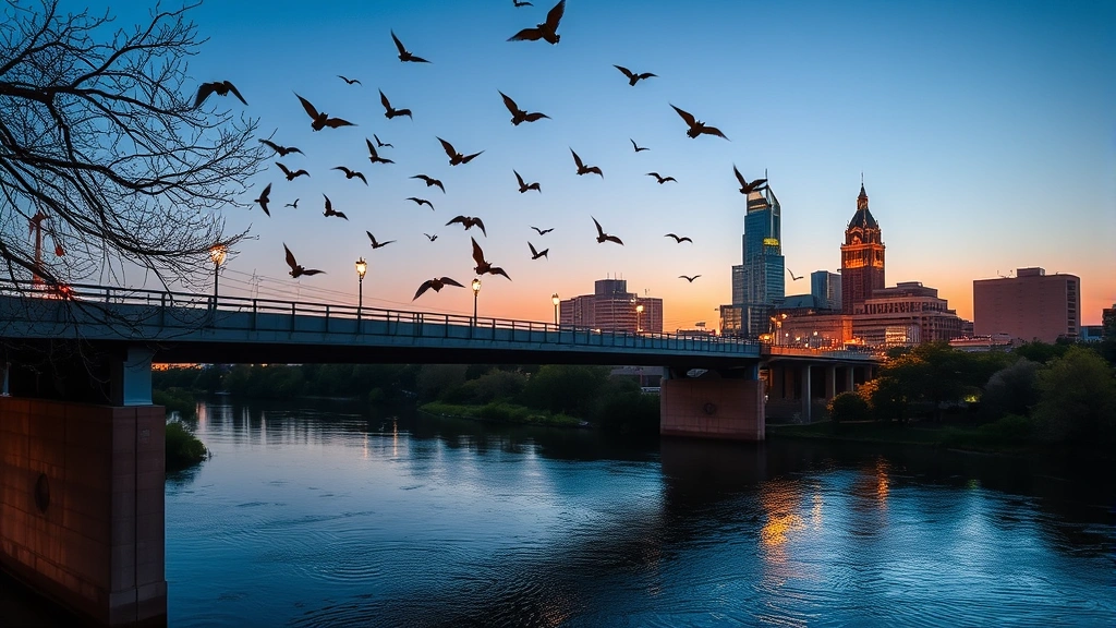 Austin's Congress Avenue Bridge with bats flying at dusk, downtown skyline illuminated, Colorado River reflection, warm golden hour lighting