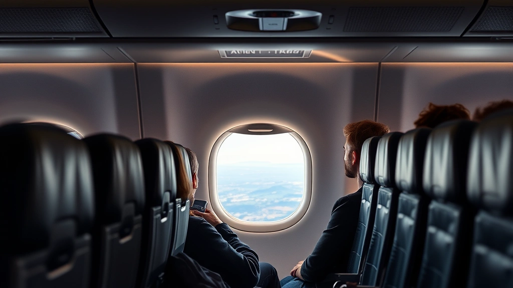 Commercial airplane interior cabin with passengers, window seat showing landscape below, modern aircraft design, realistic travel photography