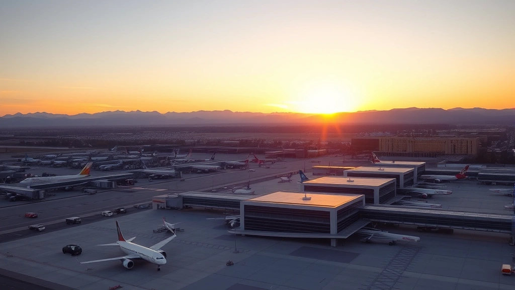 Aerial view of Denver International Airport at sunrise with Rocky Mountains in background, modern terminal building visible, commercial airplanes parked at gates, mountain landscape