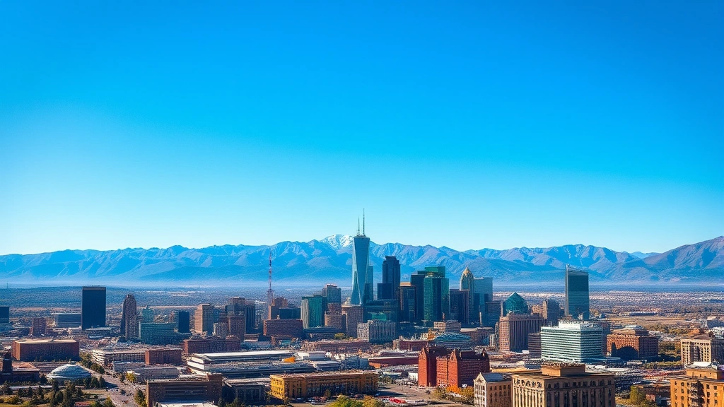 Aerial view of Denver skyline with Rocky Mountains in background, modern city landscape with clear blue sky, photorealistic travel photography