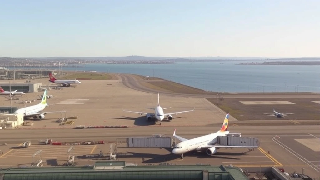 Boston Logan Airport terminal with planes on tarmac, harbor water visible, modern airport infrastructure, clear daylight, coastal New England scenery in distance