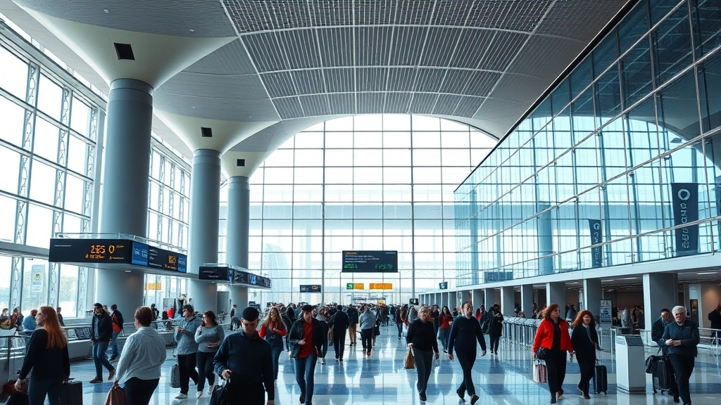 Boston Logan Airport terminal interior with travelers and modern architecture, bustling international airport hub, natural lighting photorealistic image