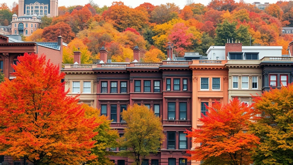 Scenic New England fall foliage landscape with historic Boston brownstones and autumn trees, travel destination photography, vibrant natural colors