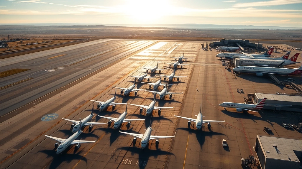 Aerial view of Denver International Airport tarmac with aircraft lined up, morning sunlight reflecting off planes, Colorado landscape visible in distance, photorealistic