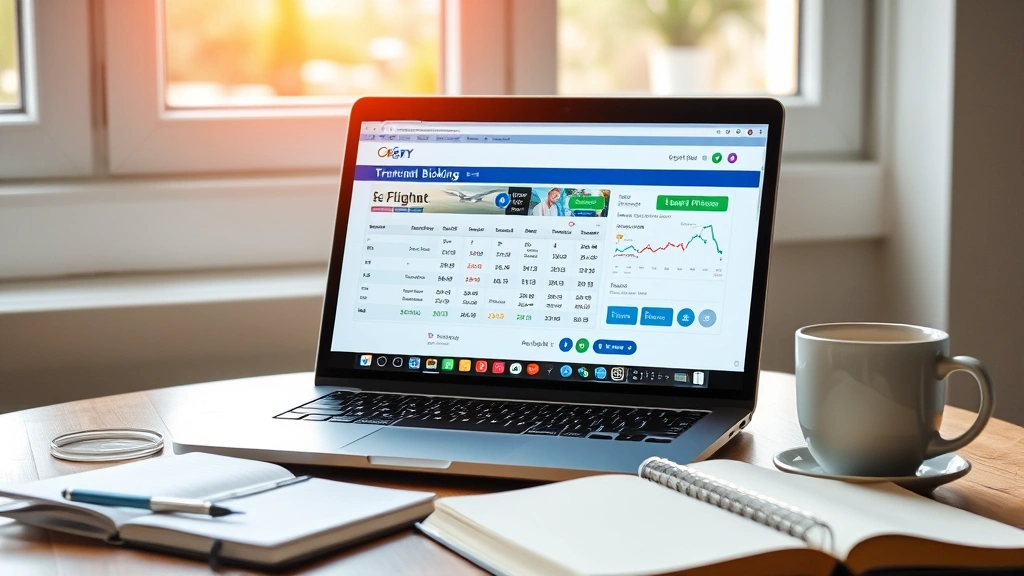Laptop showing flight booking website with calendar and price graphs, coffee cup beside it, notebook with travel notes, bright natural window lighting, travel planning scene