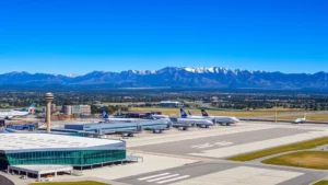 Aerial view of Denver International Airport with Rocky Mountains in background, modern architecture, clear blue sky, planes on tarmac