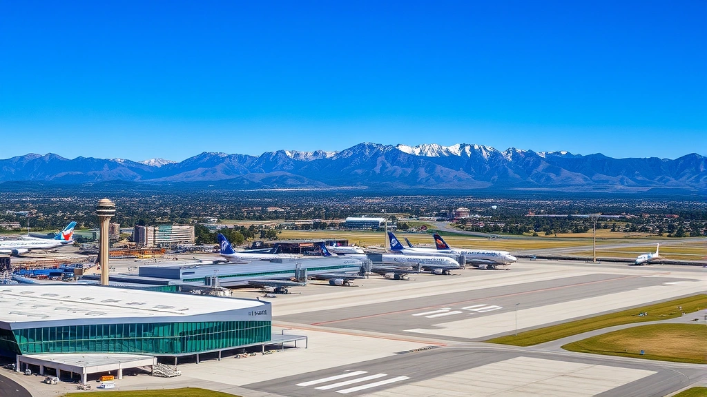 Aerial view of Denver International Airport with Rocky Mountains in background, modern architecture, clear blue sky, planes on tarmac